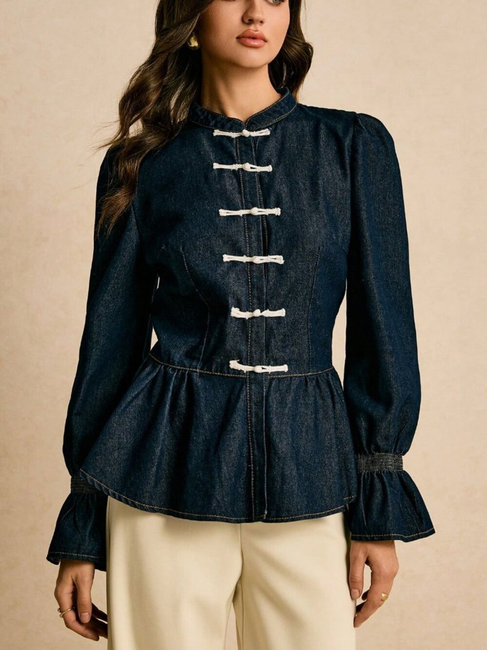 Dark Wash Elegant Women's Darin Collar Pleated Western Blouses Denim Tops - Picture 5 of 6